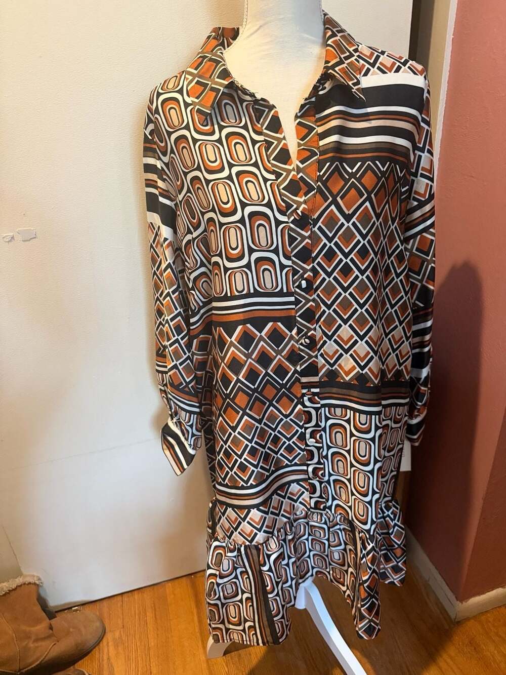 52seven Geometric Print Ruffle Midi Shirt Dress Style 2479JP Tan Black XL NWT